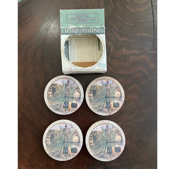 Thirstystone Western Country Cowboy Sandstone Coasters Set 4 New In Box Vintage - Picture 2 of 12